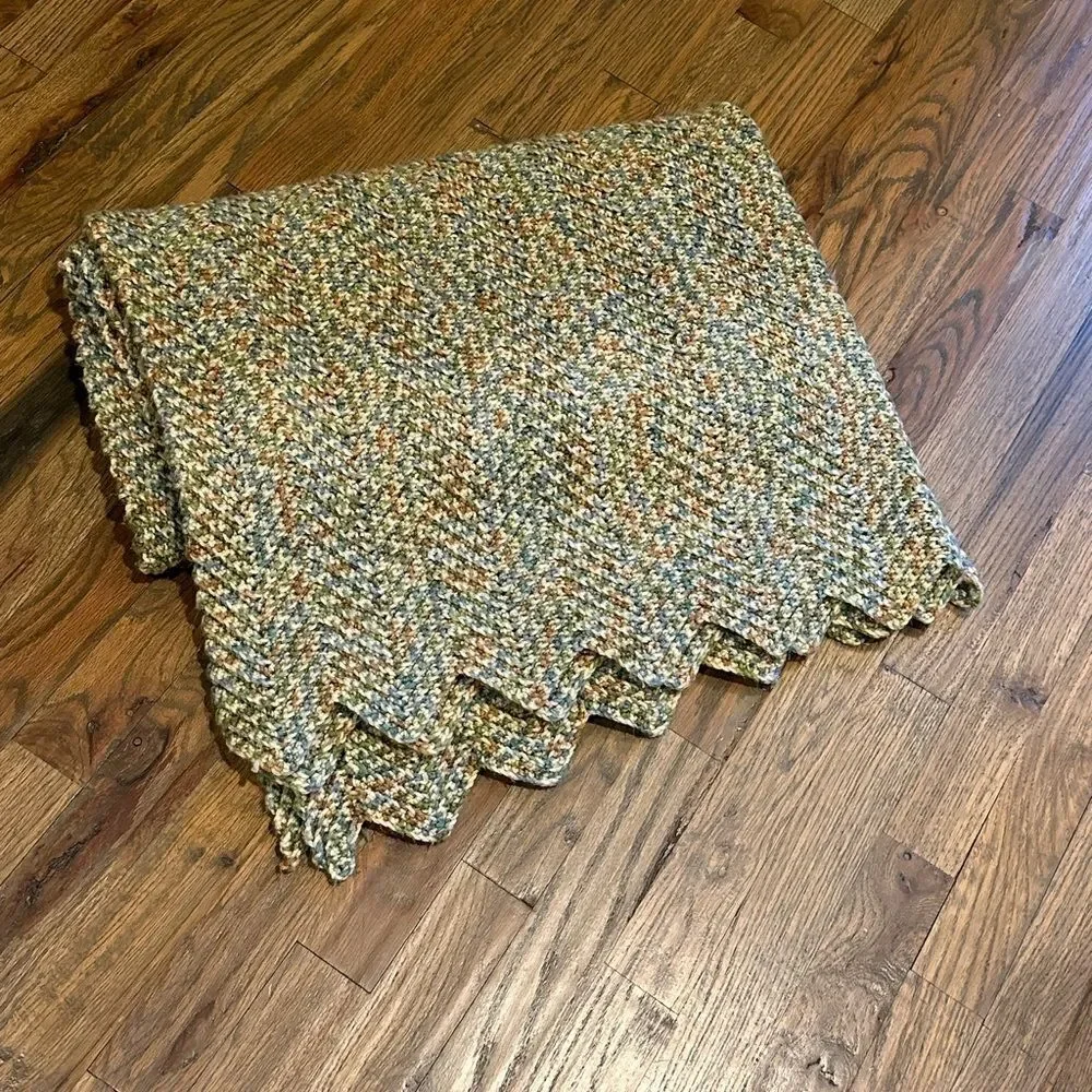 Afghan handmade Throw Blanket earth colors green tan cream  41 x 57 grannycore